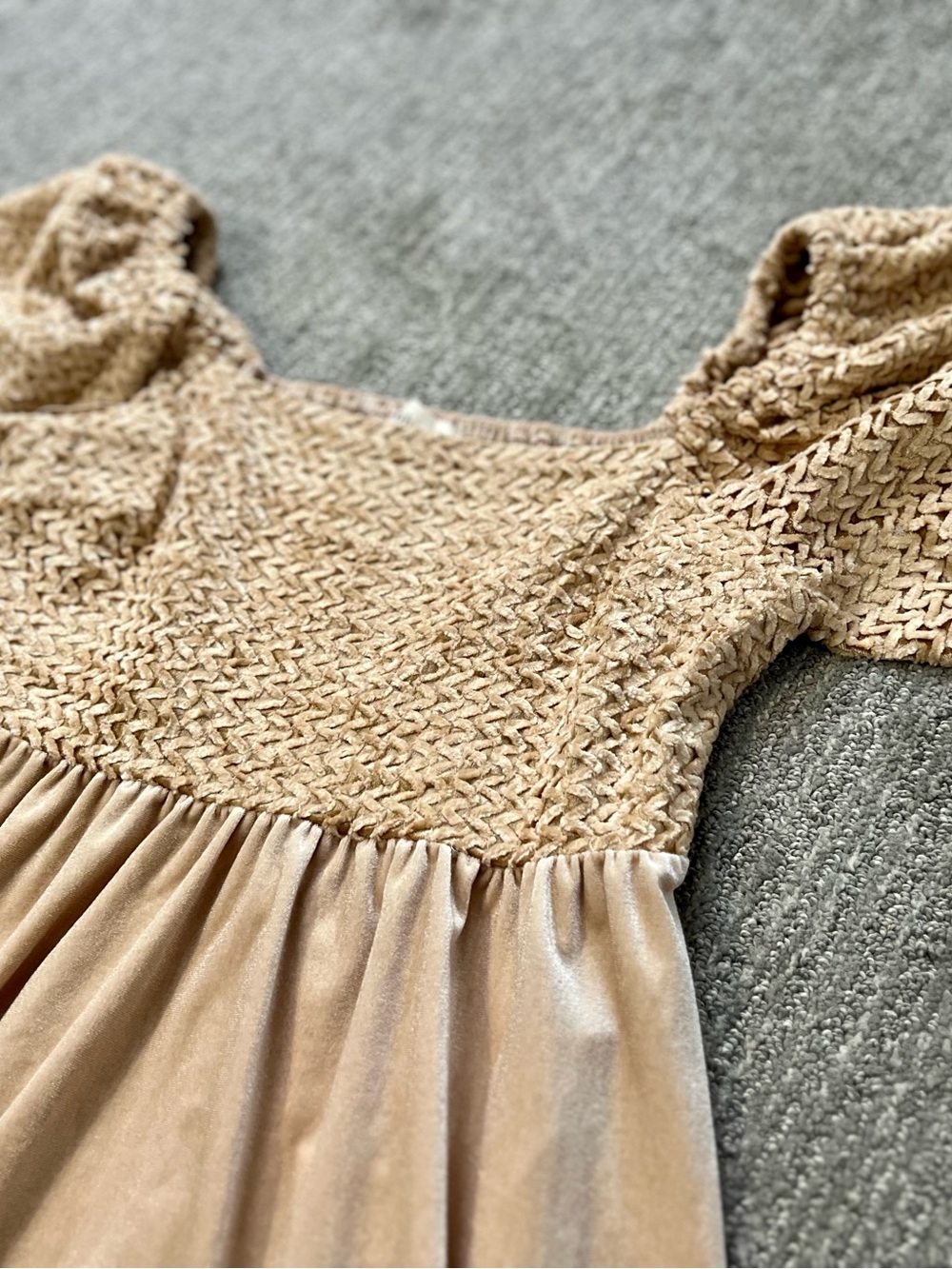 bohme Beige Smocked Velvet Dress with Puff Sleeves
